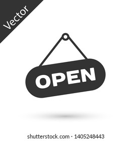 Grey Hanging sign with text Open door icon isolated on white background. Vector Illustration