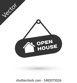 Grey Hanging sign with text Open house icon isolated on white background. Signboard with text Open house.  Vector Illustration