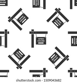 Grey Hanging sign with text Open house icon isolated seamless pattern on white background. Signboard with text Open house.  Vector Illustration