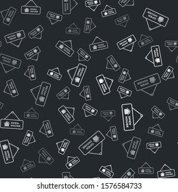 Grey Hanging sign with text Open house icon isolated seamless pattern on black background. Signboard with text Open house.  Vector Illustration
