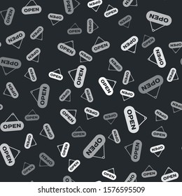 Grey Hanging sign with text Open door icon isolated seamless pattern on black background.  Vector Illustration