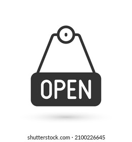Graues Hängezeichen mit Text Offene Tür Symbol einzeln auf weißem Hintergrund.  Vektorgrafik