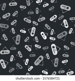 Grey Hanging sign with text For Rent icon isolated seamless pattern on black background. Signboard with text For Rent.  Vector Illustration