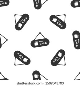 Grey Hanging sign with text For Sale icon isolated seamless pattern on white background. Signboard with text For Sale.  Vector Illustration
