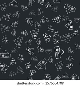 Grey Hanging sign with text For Sale icon isolated seamless pattern on black background. Signboard with text For Sale.  Vector Illustration