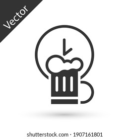 Grey Happy hour with wooden beer mug icon isolated on white background. Vector.
