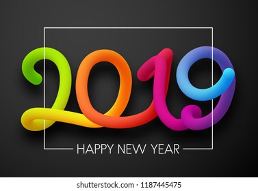 Grey Happy New Year 2019 card with colorful neon figures. Vector background.