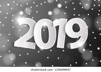 Grey Happy New Year 2019 greeting card concept with paper cuted white numbers. Vector illustration