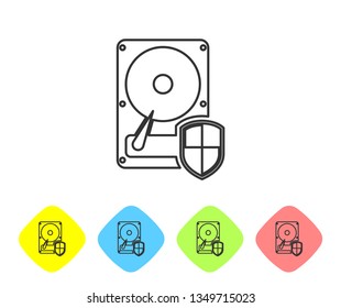 Grey Hard disk drive (HDD) protection line icon isolated on white background. Set icon in color rhombus buttons. Vector Illustration