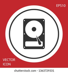 Grey Hard disk drive (HDD) icon isolated on red background. Circle button. Vector Illustration