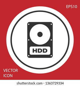 Grey Hard disk drive (HDD) icon isolated on red background. Circle button. Vector Illustration