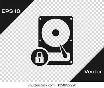 Grey Hard disk drive and lock icon isolated on transparent background. HHD and padlock. Security, safety, protection concept. Vector Illustration