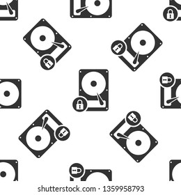 Grey Hard disk drive and lock icon isolated seamless pattern on white background. HHD and padlock. Security, safety, protection concept. Vector Illustration