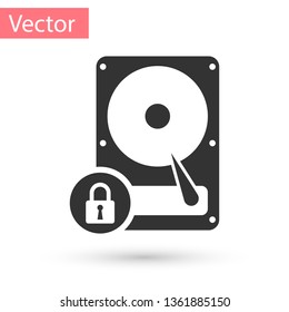 Grey Hard disk drive and lock icon isolated on white background. HHD and padlock. Security, safety, protection concept. Vector Illustration