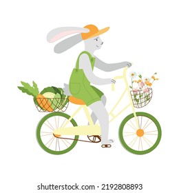 Liebre gris en una bicicleta con verduras en un fondo blanco. Cosas graciosas de mascotas. Ilustración vectorial en un estilo dibujado a mano para una postal, calendario, banner