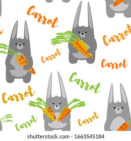 Grey hares with carrots on a white background, seamless pattern. Vector illustration