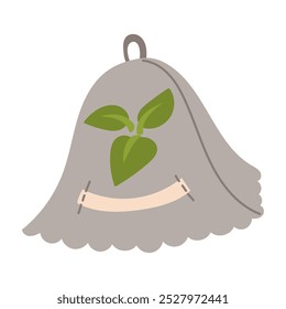 grey hat for a bathhouse with drawings of leaves. A head accessory for saunas, baths, steam rooms. The headdress is warm when steaming for a bath, an isolated object. Flat color illustration with line