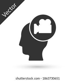 Grey Head with camera icon isolated on white background. Video camera. Movie sign. Film projector. Vector.
