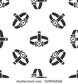 Grey Head flashlight icon isolated seamless pattern on white background. Tourist head flashlight. Camping head light.  Vector Illustration