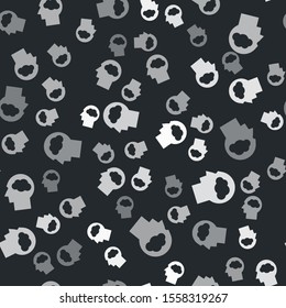 Grey Head silhouette with cloud icon isolated seamless pattern on black background. Dreaming sign.  Vector Illustration