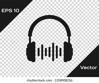 Grey Headphone and sound waves icon on transparent background. Earphone sign. Concept object for listening to music, service, communication and operator. Vector Illustration