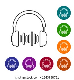 Grey Headphone and sound waves line icon isolated on white background. Earphone sign. Concept object for listening to music, service, communication and operator. Vector Illustration