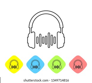 Grey Headphone and sound waves line icon on white background. Earphone sign. Concept object for listening to music, service, communication. Set icon in color rhombus buttons. Vector Illustration
