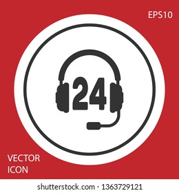 Grey Headphone for support or service icon on red background. Concept of consultation, hotline, call center, faq, maintenance, assistance. Circle button. Vector Illustration