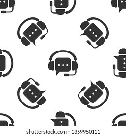 Grey Headphones with speech bubble icon seamless pattern on white background. Support customer services, hotline, call center, guideline, faq, maintenance, assistance. Vector Illustration
