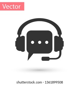Grey Headphones with speech bubble icon on white background. Support customer services, hotline, call center, guideline, faq, maintenance, assistance. Vector Illustration