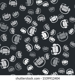 Grey Headphones with speech bubble icon isolated seamless pattern on black background. Support customer services, hotline, call center, guideline, maintenance.  Vector Illustration
