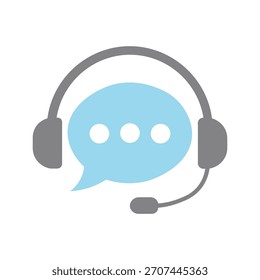 Fone de ouvido cinza com bolha de fala azul claro exibe três pontos brancos, colocados em um fundo branco, ideal para representar suporte e comunicação.