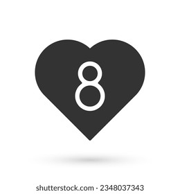 Grey Heart with 8 March icon isolated on white background. Romantic symbol linked, join, passion and wedding. Happy Women Day.  Vector