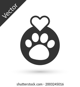 Grey Heart with animals footprint icon isolated on white background. Pet paw in heart. Love to the animals.  Vector