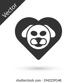 Grey Heart with dog icon isolated on white background. Pet paw in heart. Love to the animals. Vector