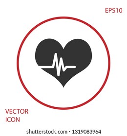 Grey Heart rate icon isolated on white background. Heartbeat sign. Heart pulse icon. Cardiogram icon. Red circle button. Vector Illustration