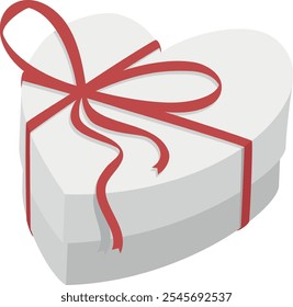 grey heart shaped gift box tied with red ribbon. holiday present box. happy birthday, Christmas, New Year, wedding or Valentine day package concept. vector flat illustration isolated. 