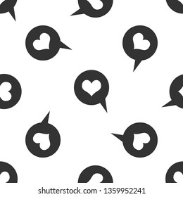 Grey Heart in speech bubble icon isolated seamless pattern on white background. Heart shape in message bubble. Love sign. Valentines day symbol. Vector Illustration