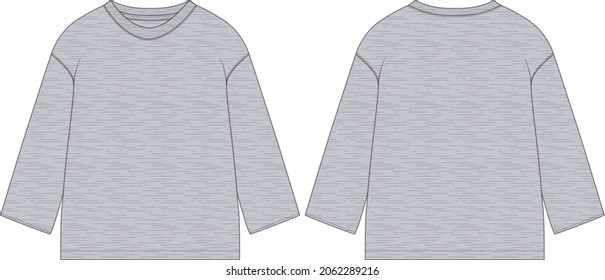 Grey Heather Fabric Long sleeve Sweatshirt Fashion Flat Sketch vector illustration template front and Back views. Apparel clothing mock up for ladies isolated on white Background.