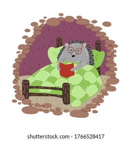 Grey hedgehog in glasses reading book in bed in cosy burrow