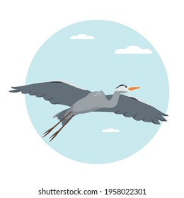 Grey Heron bird flying in sky. Cartoon icon vector illustration for nature design.