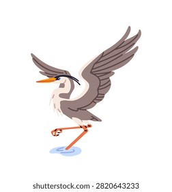 Grey heron spreads its wings. Crane stands in water on a leg. Wild fowl, bird of swamps. Wildlife of wetland. Waterbird, fauna of ponds. Flat isolated vector illustration on white background