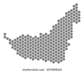 Grey hexagon Arab Emirates Map. Vector geographic map in grey color on a white background. Vector mosaic of Arab Emirates Map created of hexagonal items.