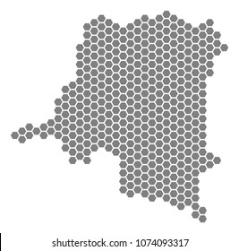 Grey hexagon Democratic Republic Of The Congo Map. Vector geographical map in gray color on a white background. Vector concept of Democratic Republic Of The Congo Map combined of hexagonal elements.