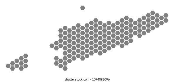 Grey hexagon East Timour Map. Vector geographical map in gray color on a white background. Vector pattern of East Timour Map organized of hexagonal pixels.