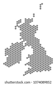 Grey hexagon Great Britain And Ireland Map. Vector geographic map in gray color on a white background. Vector collage of Great Britain And Ireland Map created of hexagonal elements.