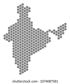 Grey hexagon India Map. Vector geographical map in grey color on a white background. Vector collage of India Map made of hexagonal dots.