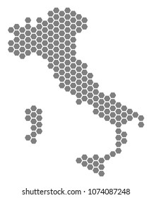 Grey hexagon Italy Map. Vector geographic map in gray color on a white background. Vector mosaic of Italy Map done of hexagon blots.
