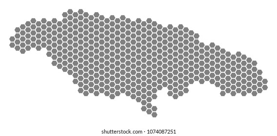 Grey hexagon Jamaica Map. Vector geographical map in grey color on a white background. Vector composition of Jamaica Map made of hexagonal dots.