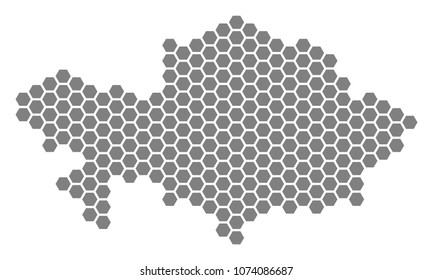 Grey hexagon Kazakhstan Map. Vector geographic map in gray color on a white background. Vector composition of Kazakhstan Map designed of hexagon items.